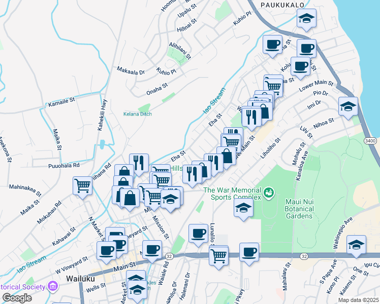 map of restaurants, bars, coffee shops, grocery stores, and more near 161 Iao Loop in Wailuku