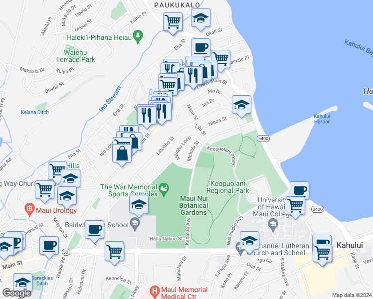 map of restaurants, bars, coffee shops, grocery stores, and more near 280 Moike Place in Kahului