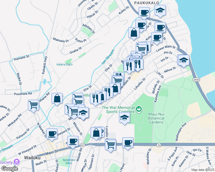 map of restaurants, bars, coffee shops, grocery stores, and more near 87 Iao Loop in Wailuku