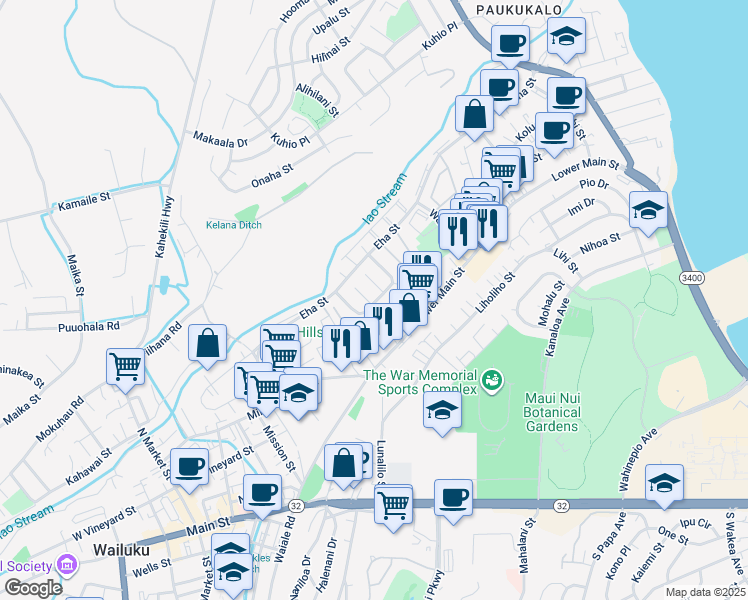 map of restaurants, bars, coffee shops, grocery stores, and more near 22 Koula Place in Wailuku