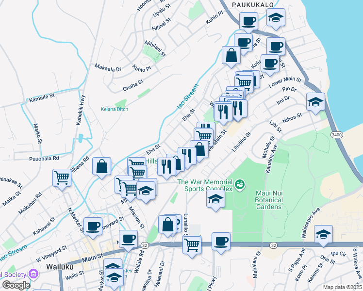 map of restaurants, bars, coffee shops, grocery stores, and more near 22 Koula Place in Wailuku