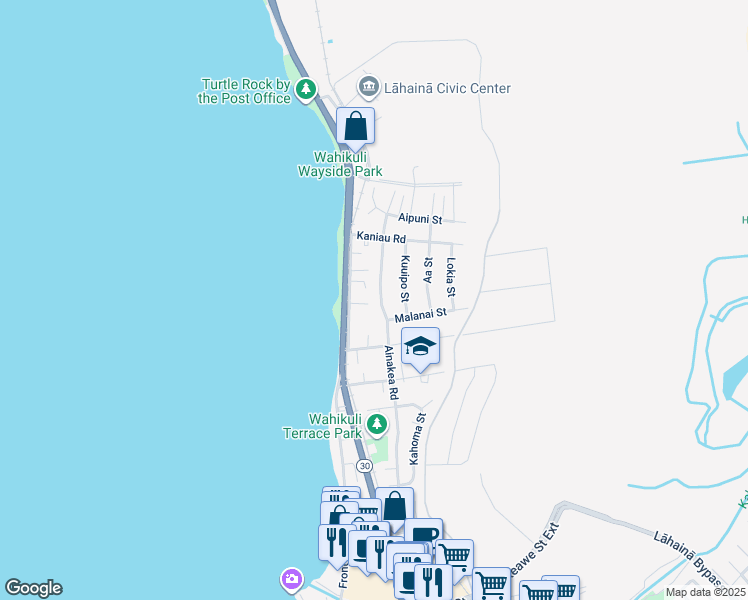 map of restaurants, bars, coffee shops, grocery stores, and more near 1585 Ainakea Road in Lahaina