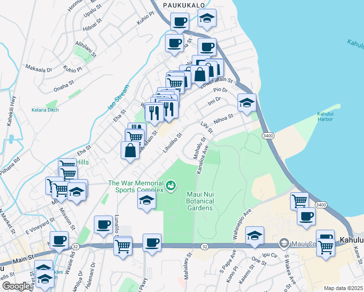map of restaurants, bars, coffee shops, grocery stores, and more near 333 Mikohu Loop in Kahului