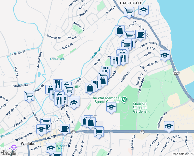 map of restaurants, bars, coffee shops, grocery stores, and more near 83 Iao Loop in Wailuku