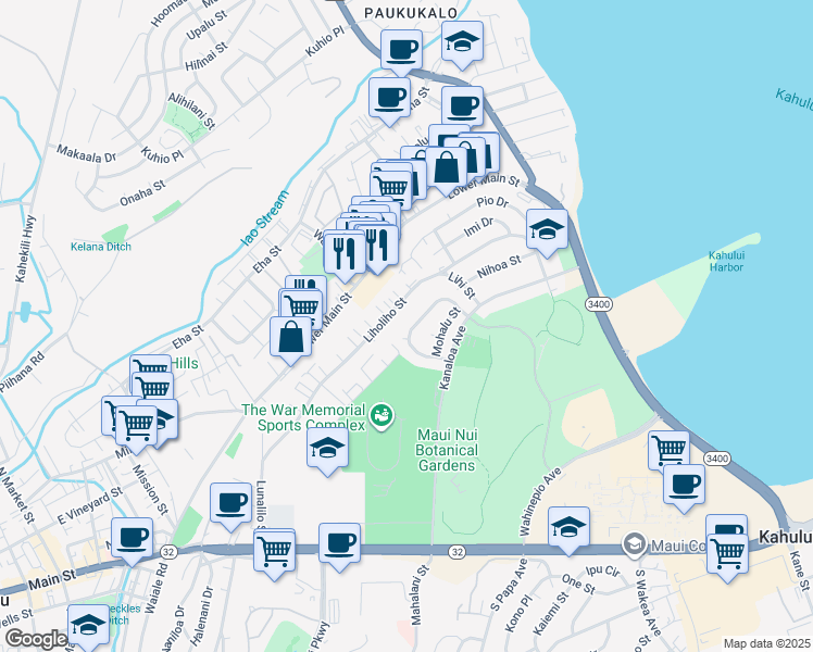 map of restaurants, bars, coffee shops, grocery stores, and more near 333 Mikohu Loop in Kahului