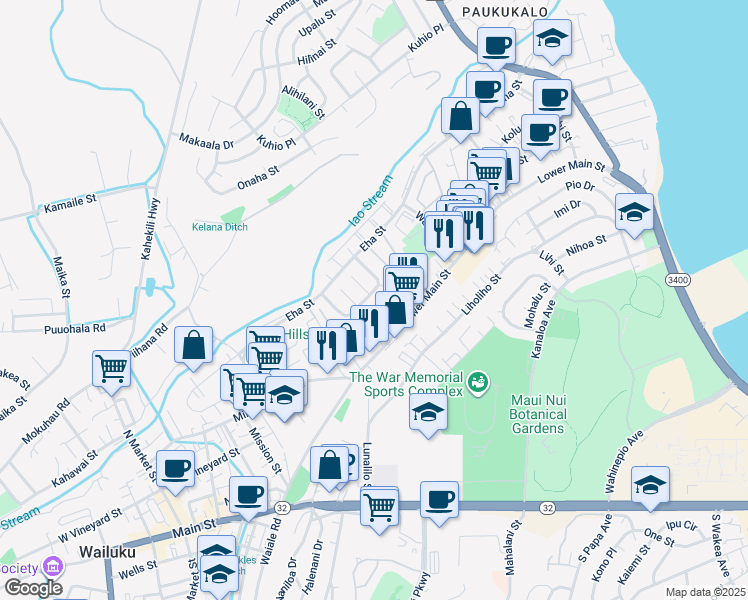 map of restaurants, bars, coffee shops, grocery stores, and more near 83 Iao Loop in Wailuku