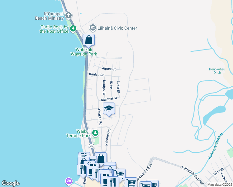 map of restaurants, bars, coffee shops, grocery stores, and more near 1579 Lokia Street in Lahaina