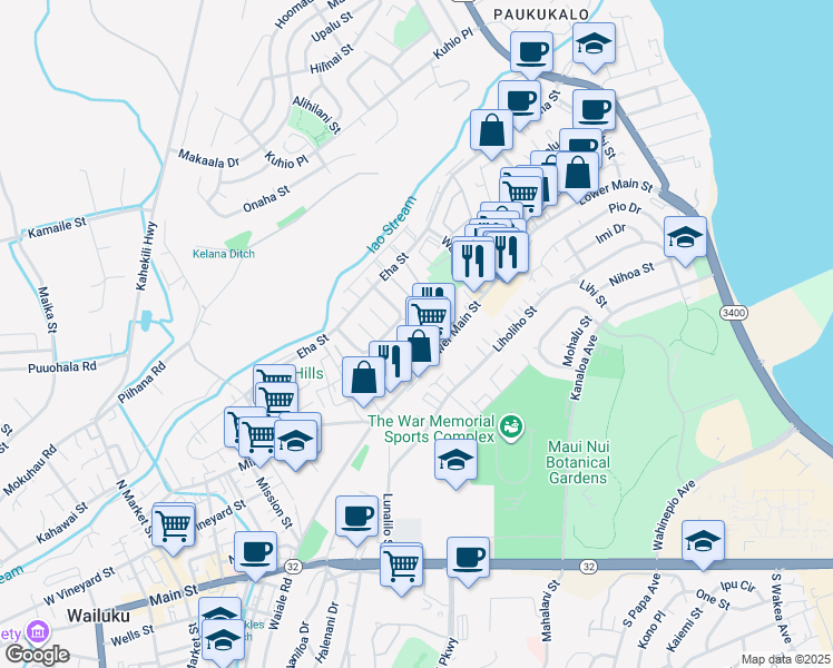 map of restaurants, bars, coffee shops, grocery stores, and more near 243 Nakila Place in Wailuku