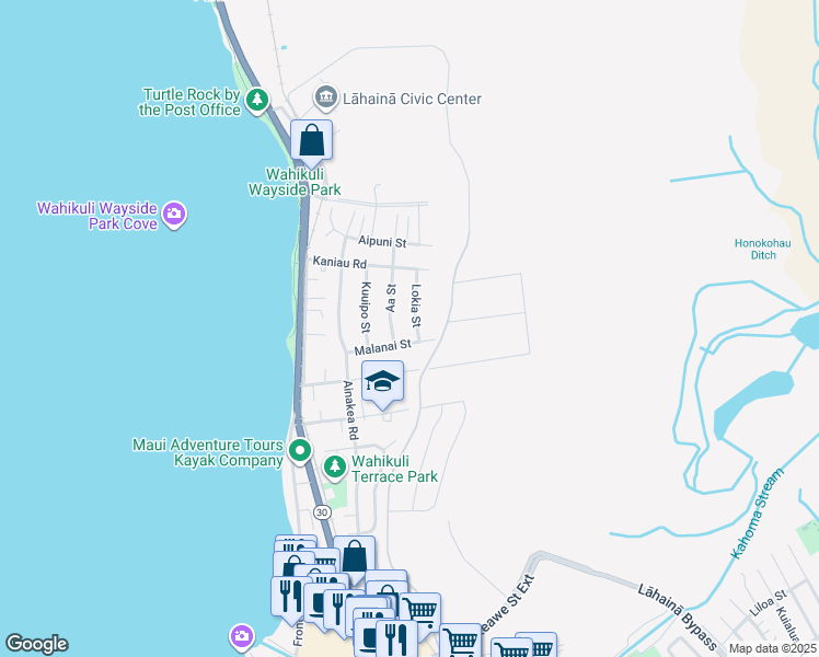 map of restaurants, bars, coffee shops, grocery stores, and more near 1579 Lokia Street in Lahaina