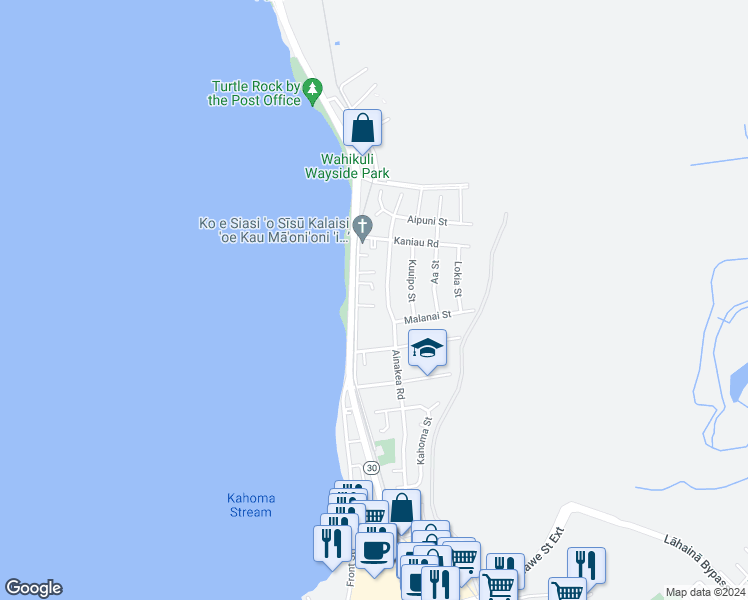 map of restaurants, bars, coffee shops, grocery stores, and more near 25 Kekai Road in Lahaina
