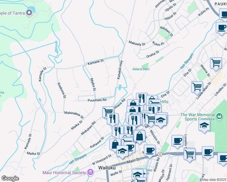 map of restaurants, bars, coffee shops, grocery stores, and more near 1970 Puuohala Road in Wailuku