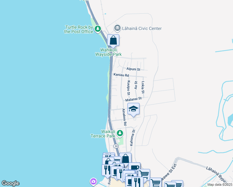 map of restaurants, bars, coffee shops, grocery stores, and more near 25 Kekai Road in Lahaina