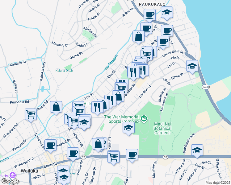 map of restaurants, bars, coffee shops, grocery stores, and more near 7 Waiolani Place in Wailuku