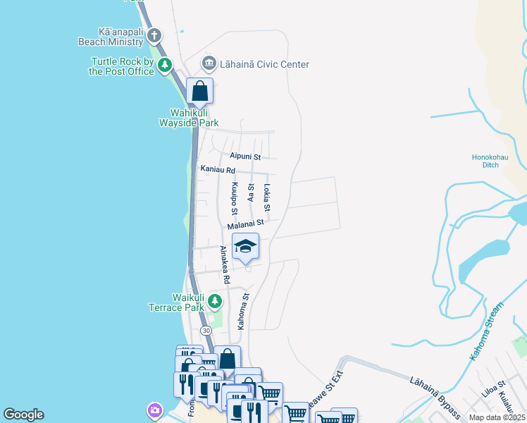 map of restaurants, bars, coffee shops, grocery stores, and more near 1579 Lokia Street in Lahaina