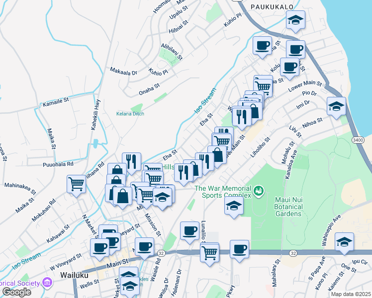 map of restaurants, bars, coffee shops, grocery stores, and more near 158 Iao Loop in Wailuku