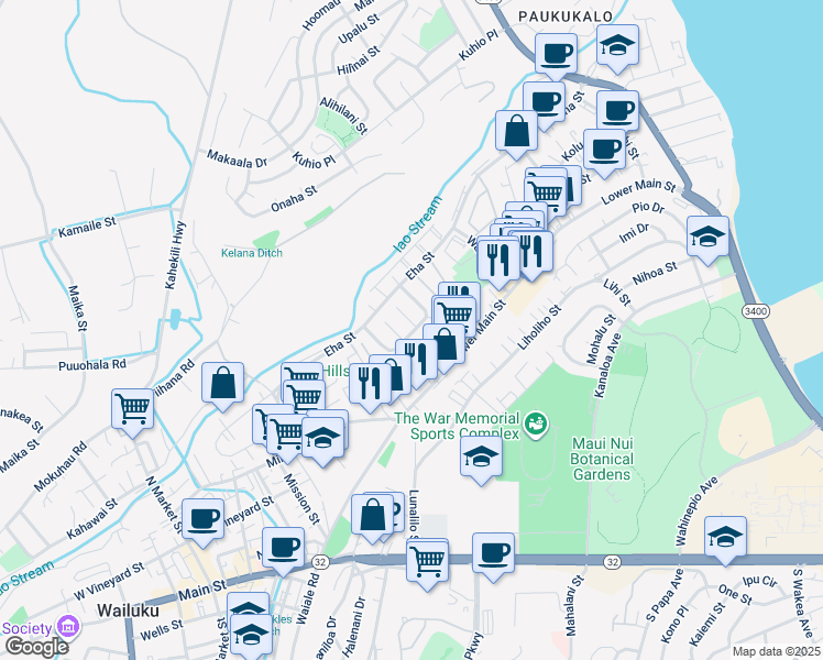map of restaurants, bars, coffee shops, grocery stores, and more near 7 Mokuhala Place in Wailuku