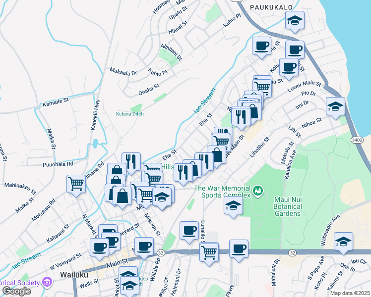 map of restaurants, bars, coffee shops, grocery stores, and more near 158 Iao Loop in Wailuku