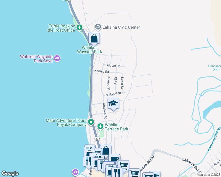 map of restaurants, bars, coffee shops, grocery stores, and more near 1584 Kuuipo Street in Lahaina