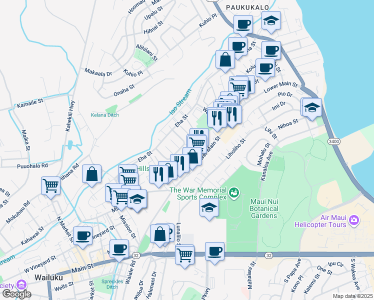 map of restaurants, bars, coffee shops, grocery stores, and more near 7 Waiolani Place in Wailuku