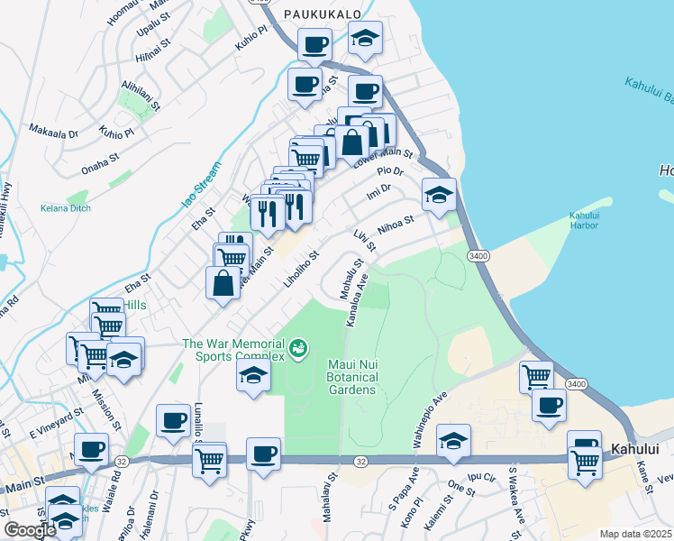 map of restaurants, bars, coffee shops, grocery stores, and more near 358 Mikohu Loop in Kahului