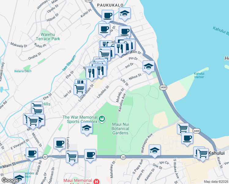 map of restaurants, bars, coffee shops, grocery stores, and more near 358 Mikohu Loop in Kahului