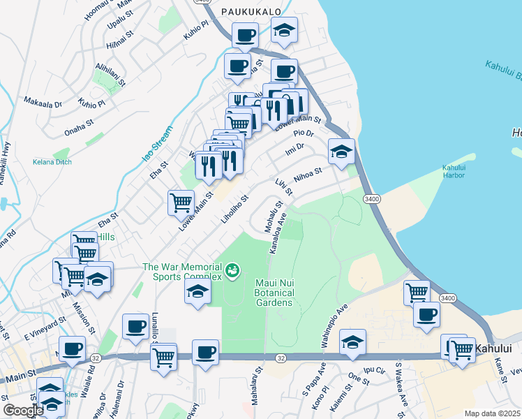 map of restaurants, bars, coffee shops, grocery stores, and more near 358 Mikohu Loop in Kahului