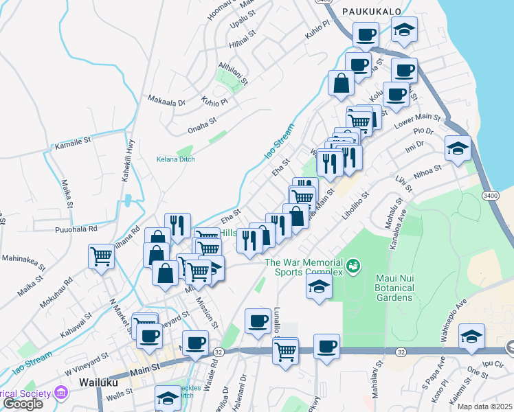 map of restaurants, bars, coffee shops, grocery stores, and more near 55 Koula Place in Wailuku