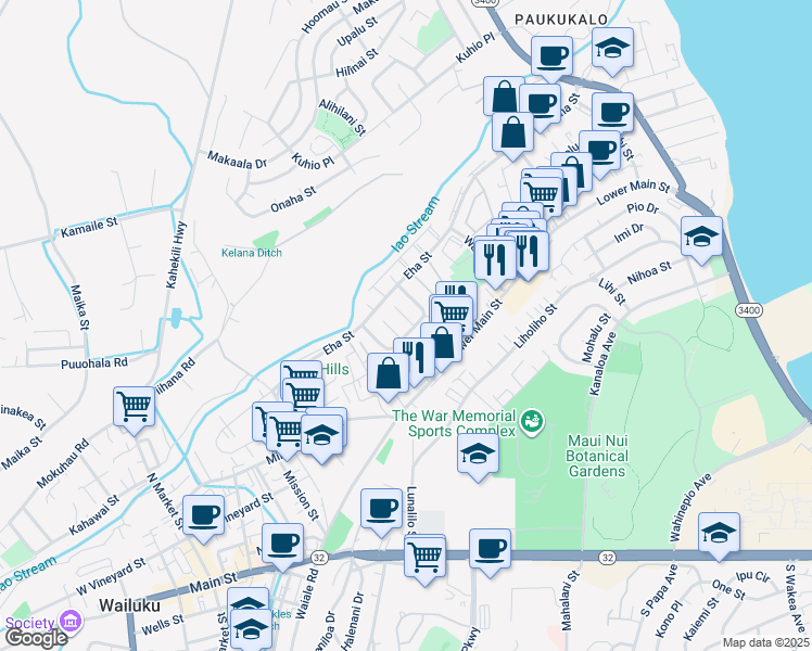 map of restaurants, bars, coffee shops, grocery stores, and more near 11 Mokuhala Place in Wailuku