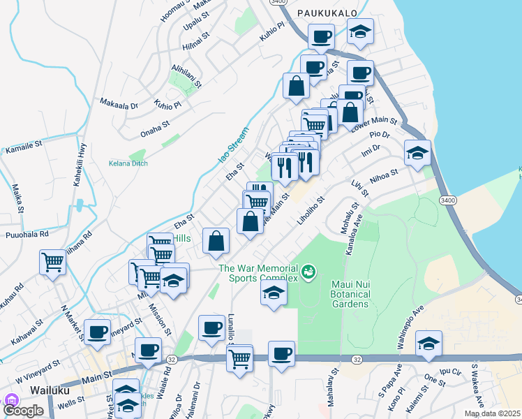map of restaurants, bars, coffee shops, grocery stores, and more near 222 Kawaipuna Place in Wailuku