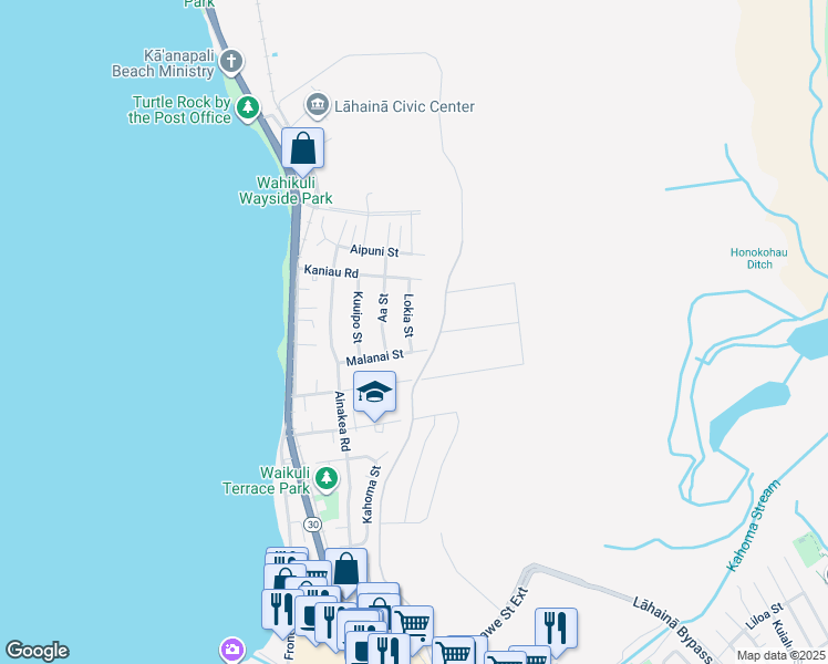 map of restaurants, bars, coffee shops, grocery stores, and more near 1590 Lokia Street in Lahaina