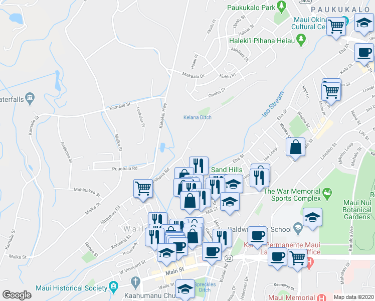 map of restaurants, bars, coffee shops, grocery stores, and more near 1649 Piihana Road in Wailuku