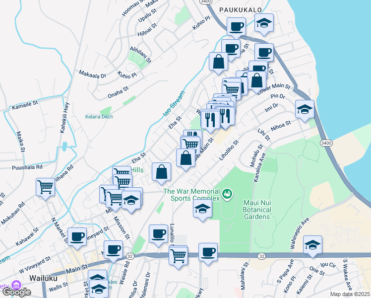 map of restaurants, bars, coffee shops, grocery stores, and more near 248 Nakila Place in Wailuku
