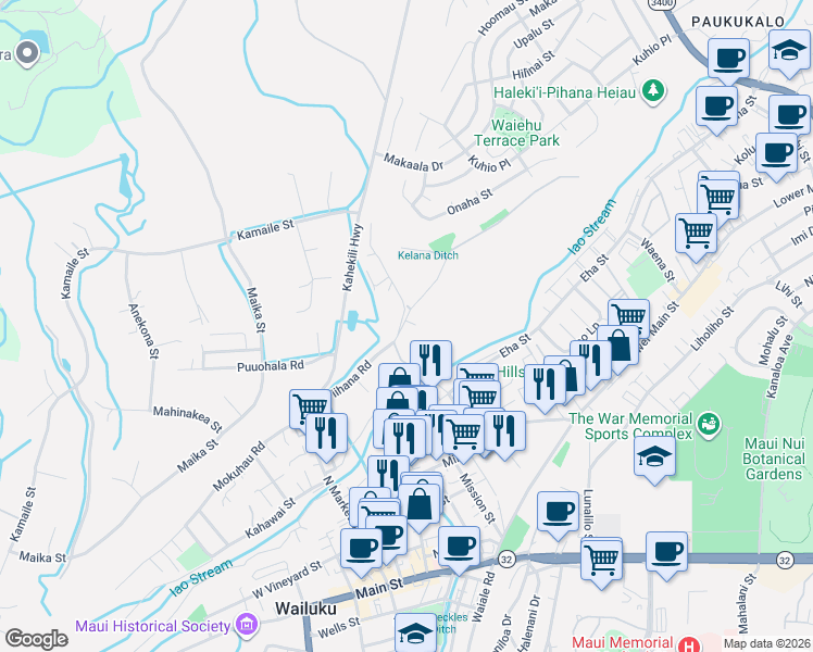 map of restaurants, bars, coffee shops, grocery stores, and more near 1649 Piihana Road in Wailuku
