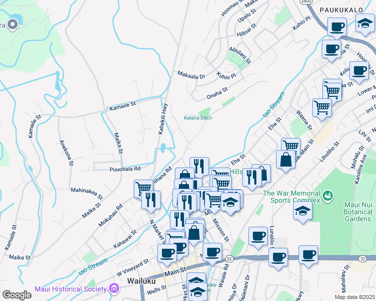 map of restaurants, bars, coffee shops, grocery stores, and more near 1649 Piihana Road in Wailuku