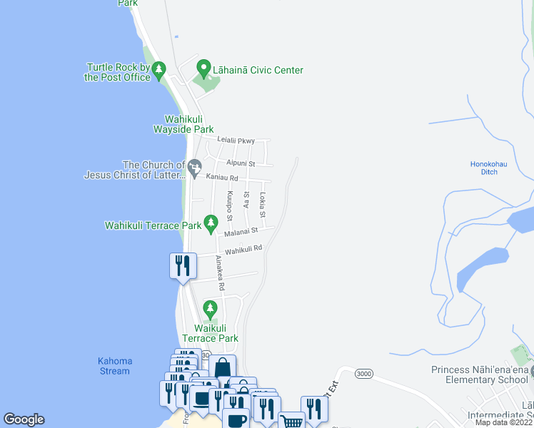 map of restaurants, bars, coffee shops, grocery stores, and more near 1590 Lokia Street in Lahaina