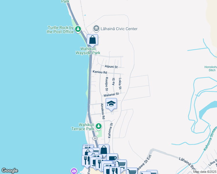 map of restaurants, bars, coffee shops, grocery stores, and more near 1600 Kuuipo Street in Lahaina
