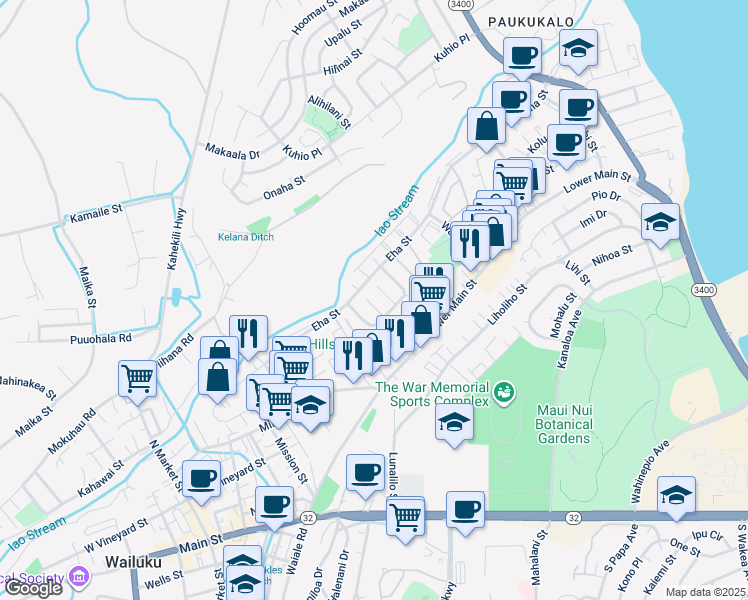 map of restaurants, bars, coffee shops, grocery stores, and more near 50 Koula Place in Wailuku