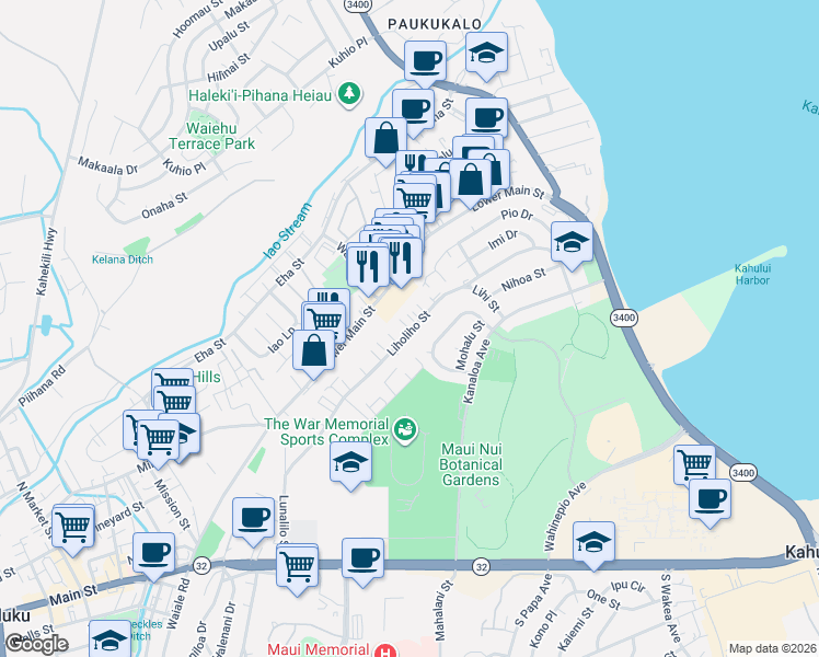 map of restaurants, bars, coffee shops, grocery stores, and more near 427 Liholiho Street in Wailuku
