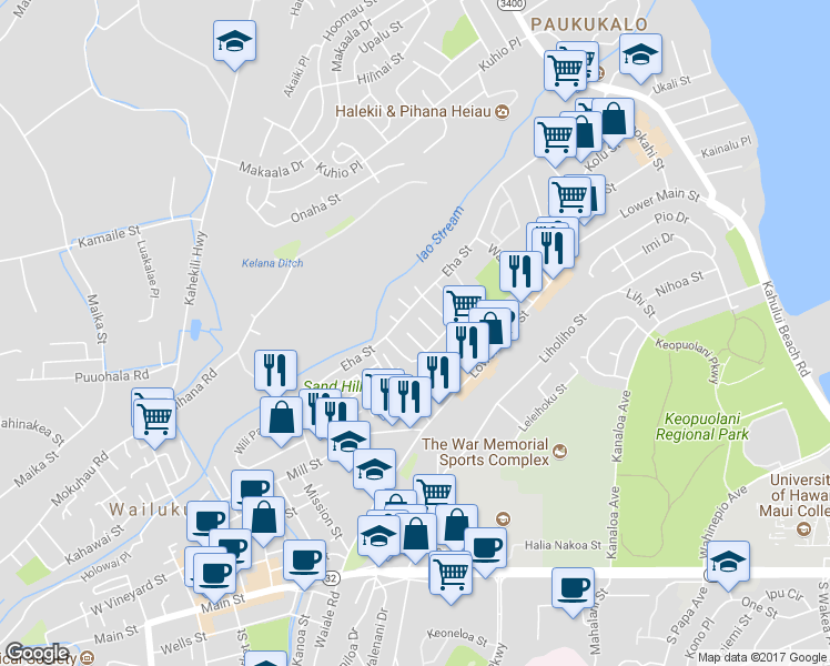 map of restaurants, bars, coffee shops, grocery stores, and more near 50 Koula Place in Wailuku