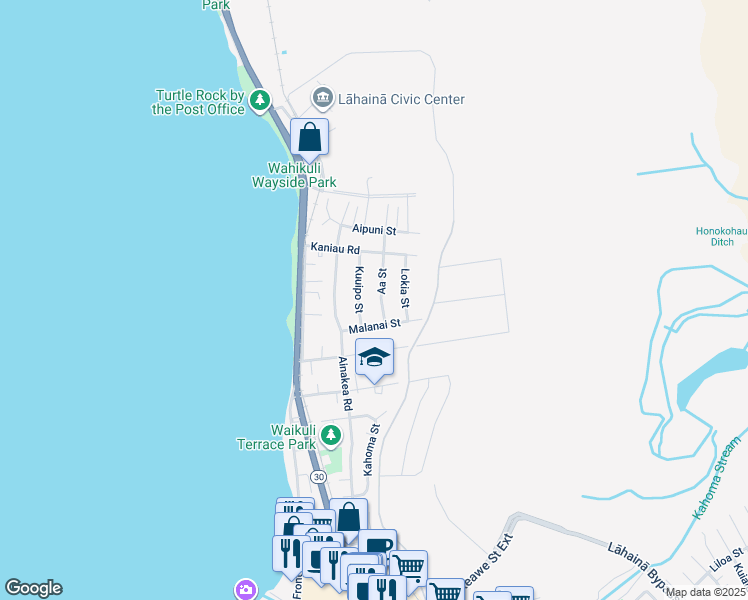 map of restaurants, bars, coffee shops, grocery stores, and more near 1614 Aa Street in Lahaina