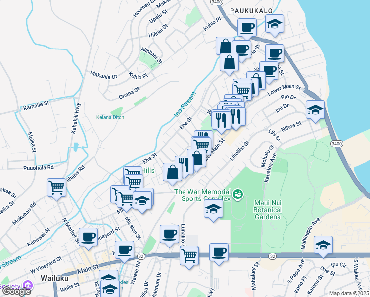 map of restaurants, bars, coffee shops, grocery stores, and more near 8 Mokuhala Place in Wailuku