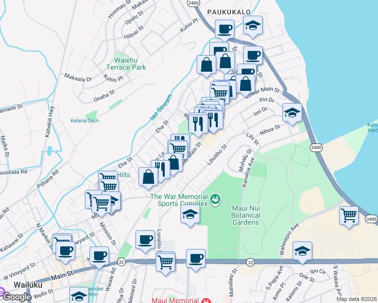 map of restaurants, bars, coffee shops, grocery stores, and more near 1132 Lower Main Street in Wailuku