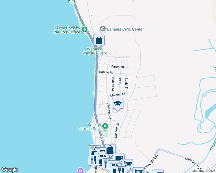 map of restaurants, bars, coffee shops, grocery stores, and more near 1604 Ainakea Road in Lahaina
