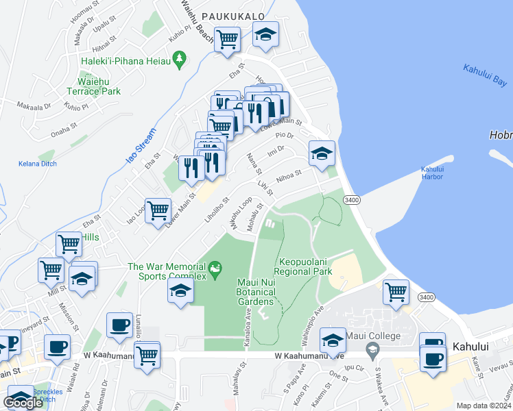 map of restaurants, bars, coffee shops, grocery stores, and more near 305 Mohalu Street in Kahului