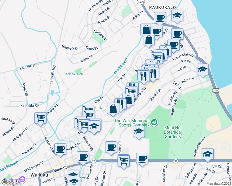 map of restaurants, bars, coffee shops, grocery stores, and more near 23 Mokuhala Place in Wailuku