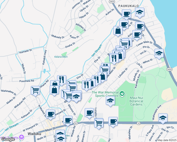 map of restaurants, bars, coffee shops, grocery stores, and more near 61 Koula Place in Wailuku