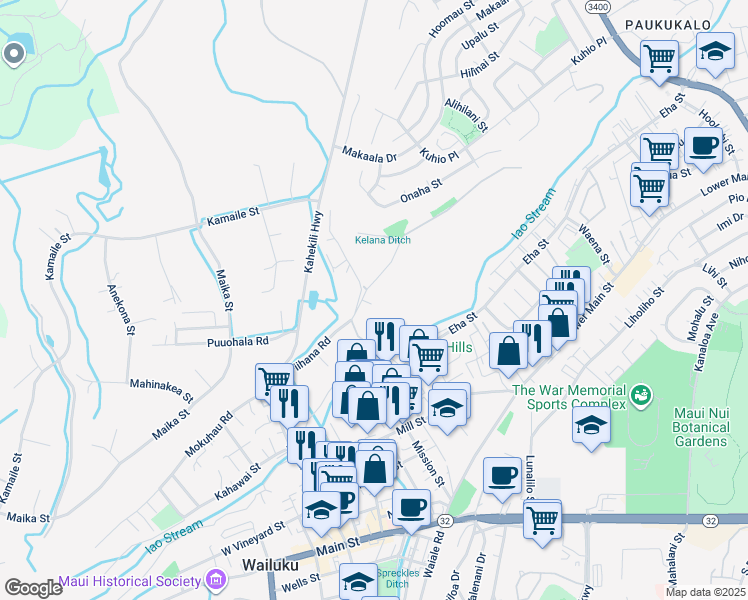 map of restaurants, bars, coffee shops, grocery stores, and more near 383 Neki Place in Wailuku