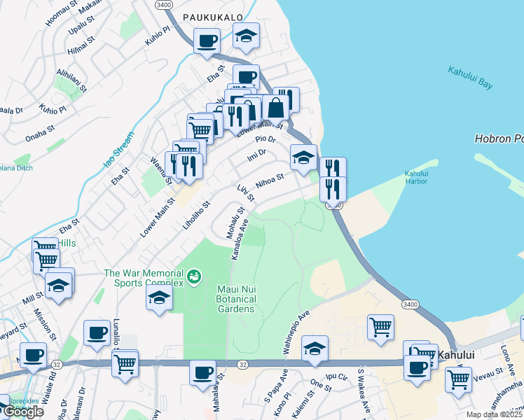 map of restaurants, bars, coffee shops, grocery stores, and more near 350 Kanaloa Avenue in Kahului