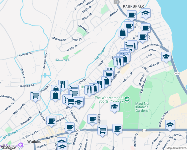 map of restaurants, bars, coffee shops, grocery stores, and more near 54 Koula Place in Wailuku