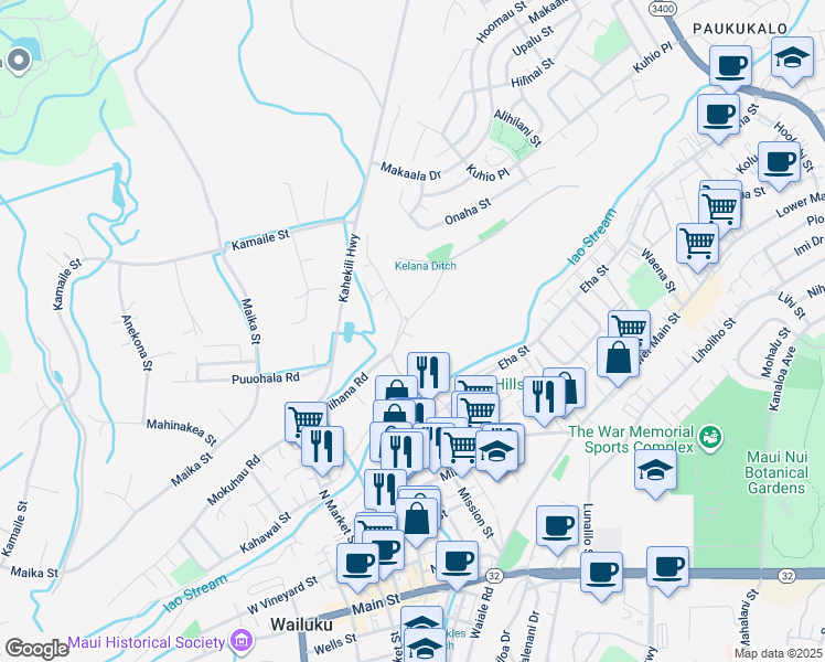 map of restaurants, bars, coffee shops, grocery stores, and more near 389 Neki Place in Wailuku